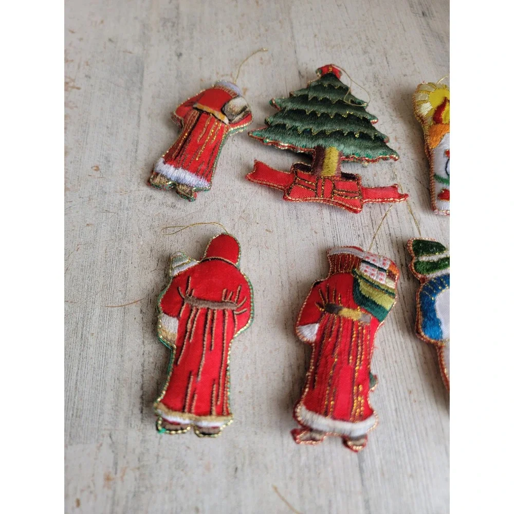 Vintage embroidered Santa Claus tree candle ornament Snowman Xmas set